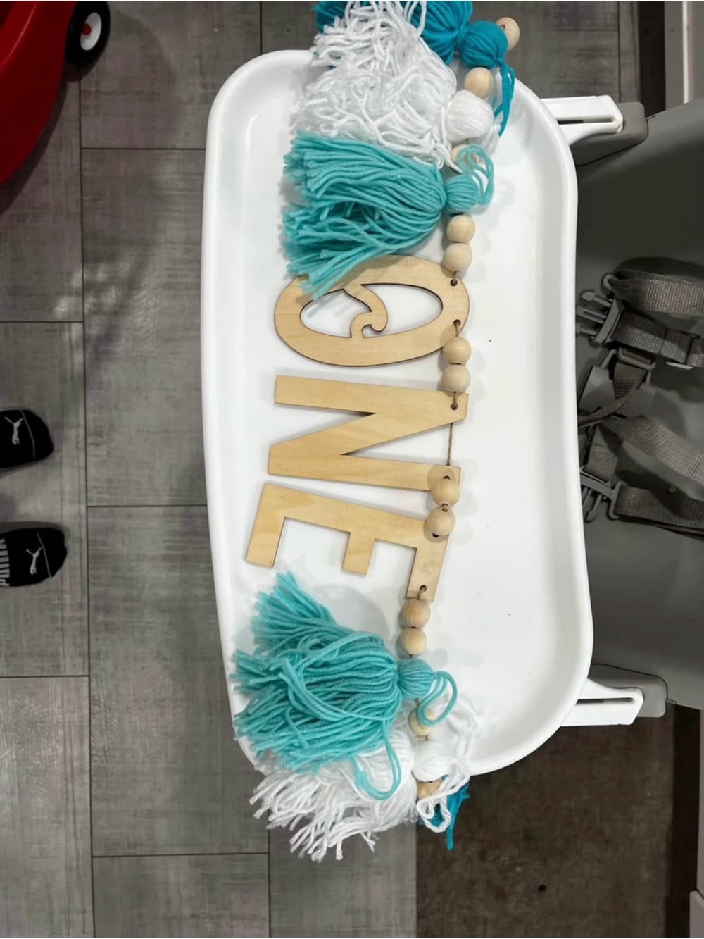 Handmade 'ONE' Wooden Letter Garland with Teal and White Tassels